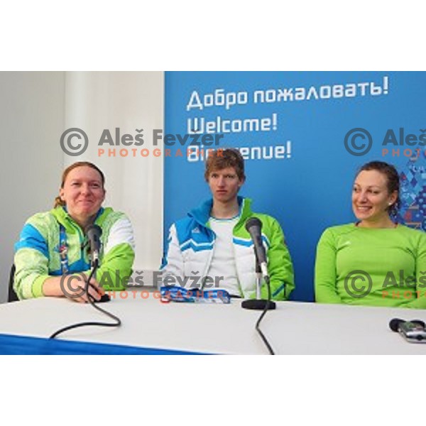 Ilka Stuhec,Klemen Kosi and Marusa Ferk of Slovenia during press conference in Mountain Village, Rosa Khutor, Sochi 2014 Winter Olympic Games on February 8, 2014