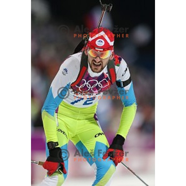Jakov Fak of Slovenia during Men\'s 10 km Sprint at Laura Cross-Country Ski & Biathlon Center Sochi 2014 Winter Olympic Games on February 8, 2014