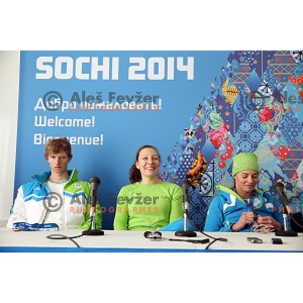 Klemen Kosi, Ilka Stuhec and Tina Maze of Slovenia during press conference in Mountain Village, Rosa Khutor, Sochi 2014 Winter Olympic Games on February 8, 2014