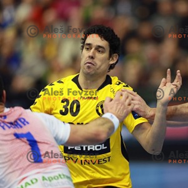 Luka Dobelsek in action during handball match Gorenje Velenje (SLO)-Hamburg (GER) in EHF Champions league, played in Red Hall, Velenje, Slovenia on February 5, 2014