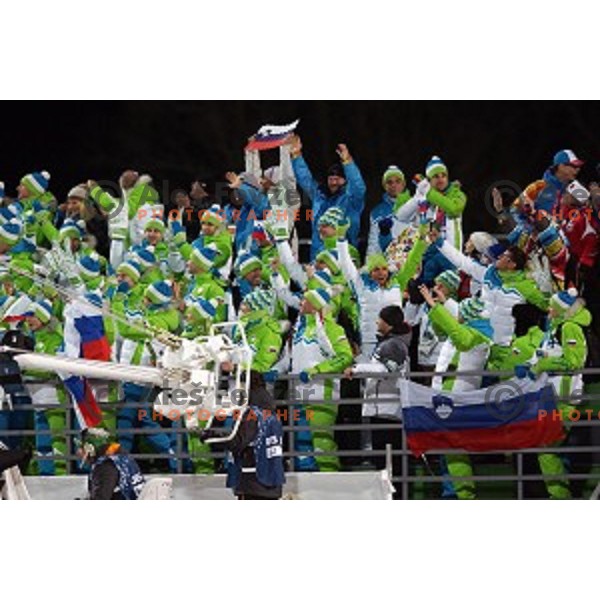 Members of Slovenia Ice-Hockey team celebrate silver medal in Ski jumping on Normal Hill at Sochi 2014 Winter Olympic Games in RusSki Gorki Jumping Center on February 9, 2014