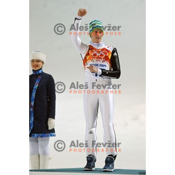 Peter Prevc of Slovenia, olympic silver medalist in Ski jumping on Normal Hill at Sochi 2014 Winter Olympic Games in RusSki Gorki Jumping Center on February 9, 2014