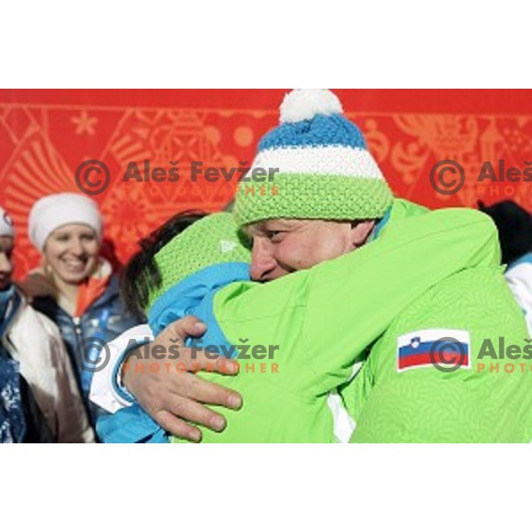 Coach Goran Janus of Slovenia celebrates silver medal in Ski jumping on Normal Hill at Sochi 2014 Winter Olympic Games in RusSki Gorki Jumping Center on February 9, 2014