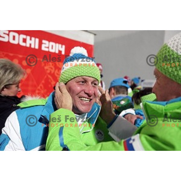 Coach Goran Janus of Slovenia celebrates silver medal in Ski jumping on Normal Hill at Sochi 2014 Winter Olympic Games in RusSki Gorki Jumping Center on February 9, 2014
