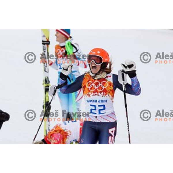 Julia Mancuso of USA celebrates third place at Ladies Super Combined at Rosa Khutor Alpine Center , Sochi 2014 Winter Olympic Games on February 10, 2014