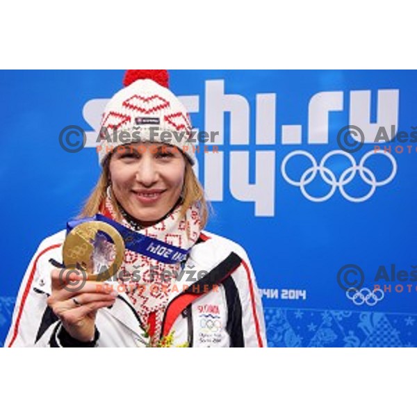 Anastasia Kuzmina of Slovakia, olympic gold medalist in Biathlon Ladies 7.5 km Sprint at Sochi 2014 Winter Olympic Games in Olympic Park on February 10, 2014