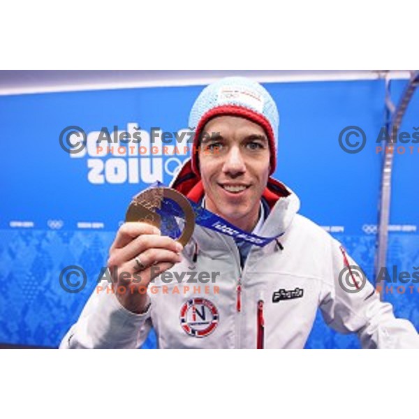 Anders Bardal of Norway, olympic bronze medalist in Ski jumping on Normal Hill at Sochi 2014 Winter Olympic Games in Olympic Park on February 10, 2014