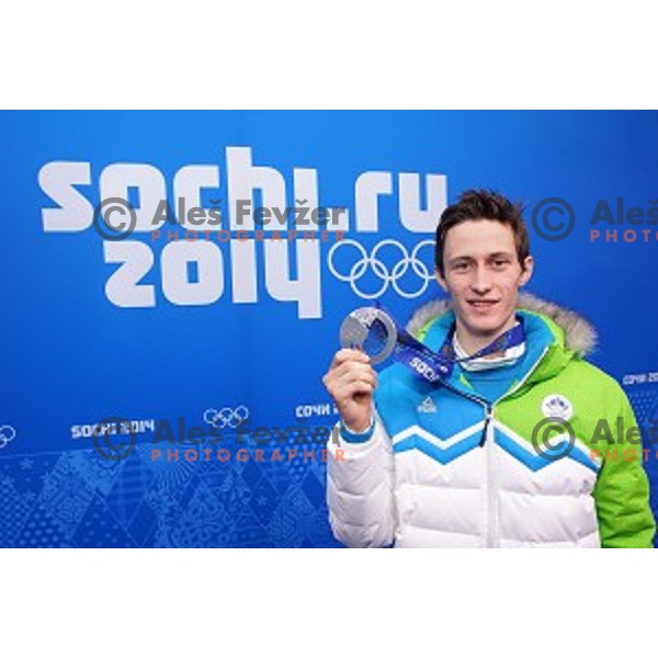 Peter Prevc of Slovenia, olympic silver medalist in Ski jumping on Normal Hill at Sochi 2014 Winter Olympic Games in Olympic Park on February 10, 2014
