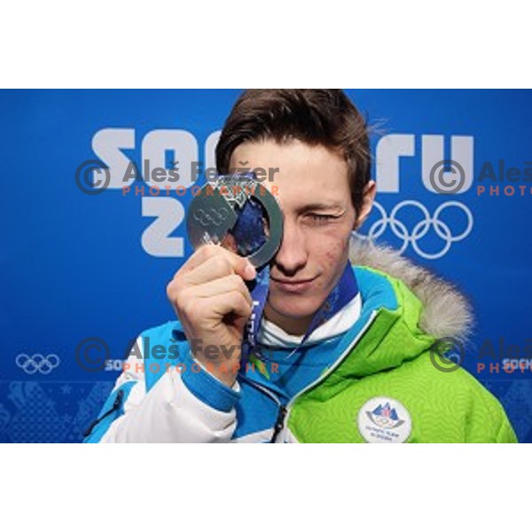 Peter Prevc of Slovenia, olympic silver medalist in Ski jumping on Normal Hill at Sochi 2014 Winter Olympic Games in Olympic Park on February 10, 2014