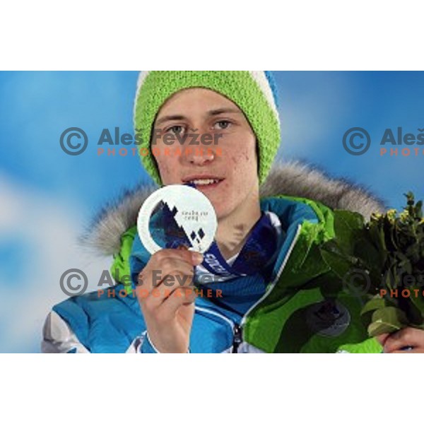 Peter Prevc of Slovenia, olympic silver medalist in Ski jumping on Normal Hill at Sochi 2014 Winter Olympic Games in Olympic Park on February 10, 2014