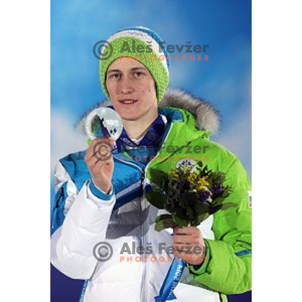 Peter Prevc of Slovenia, olympic silver medalist in Ski jumping on Normal Hill at Sochi 2014 Winter Olympic Games in Olympic Park on February 10, 2014