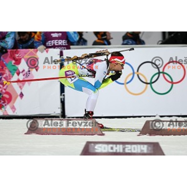 Teja Gregorin of Slovenia racing in Biathlon Women\'s 10 km Pursuit at Laura Cross-Country & Biathlon Center, Sochi 2014 Winter Olympic Games on February 11, 2014