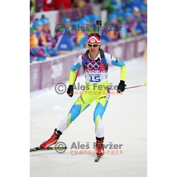 Teja Gregorin of Slovenia racing in Biathlon Women\'s 10 km Pursuit at Laura Cross-Country & Biathlon Center, Sochi 2014 Winter Olympic Games on February 11, 2014