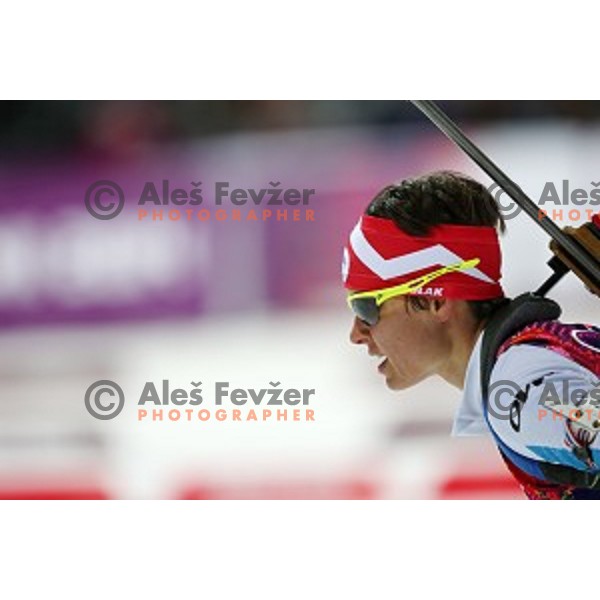 Teja Gregorin of Slovenia racing in Biathlon Women\'s 10 km Pursuit at Laura Cross-Country & Biathlon Center, Sochi 2014 Winter Olympic Games on February 11, 2014