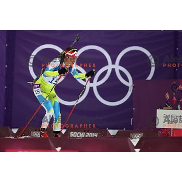 Teja Gregorin of Slovenia racing in Biathlon Women\'s 10 km Pursuit at Laura Cross-Country & Biathlon Center, Sochi 2014 Winter Olympic Games on February 11, 2014