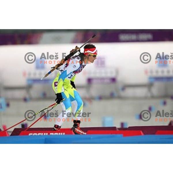 Teja Gregorin of Slovenia racing in Biathlon Women\'s 10 km Pursuit at Laura Cross-Country & Biathlon Center, Sochi 2014 Winter Olympic Games on February 11, 2014