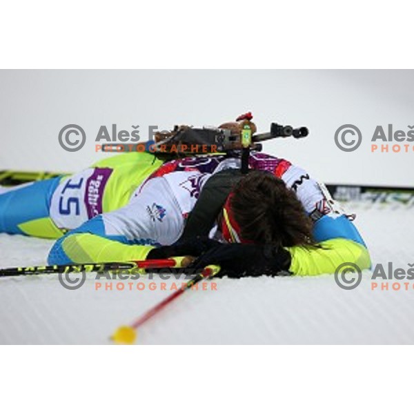 Teja Gregorin of Slovenia racing in Biathlon Women\'s 10 km Pursuit at Laura Cross-Country & Biathlon Center, Sochi 2014 Winter Olympic Games on February 11, 2014