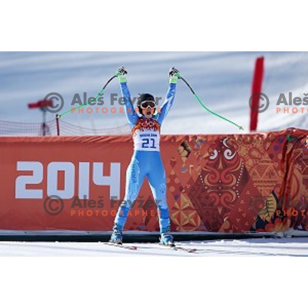 Tina Maze of Slovenia celebrates Olympic gold medal in Ladies Downhill in Rosa Khutor Alpine Center , Sochi 2014 Winter Olympic Games on February 12, 2014
