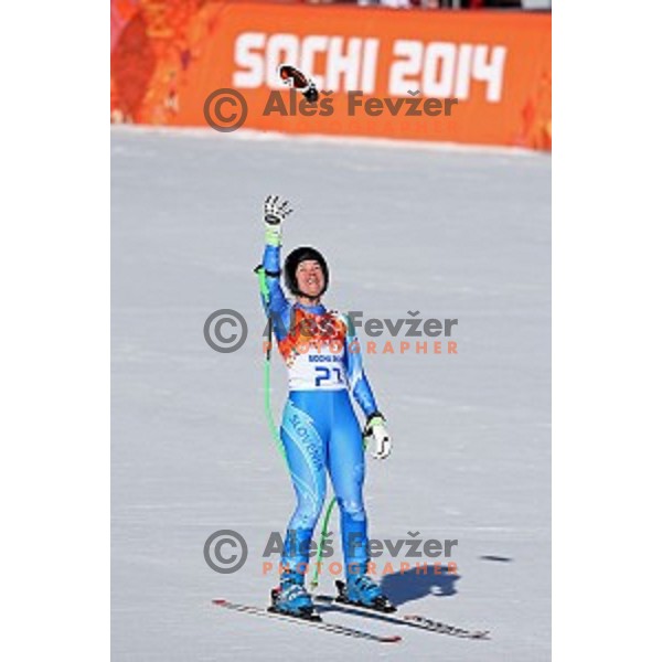 Tina Maze of Slovenia celebrates Olympic gold medal in Ladies Downhill in Rosa Khutor Alpine Center , Sochi 2014 Winter Olympic Games on February 12, 2014