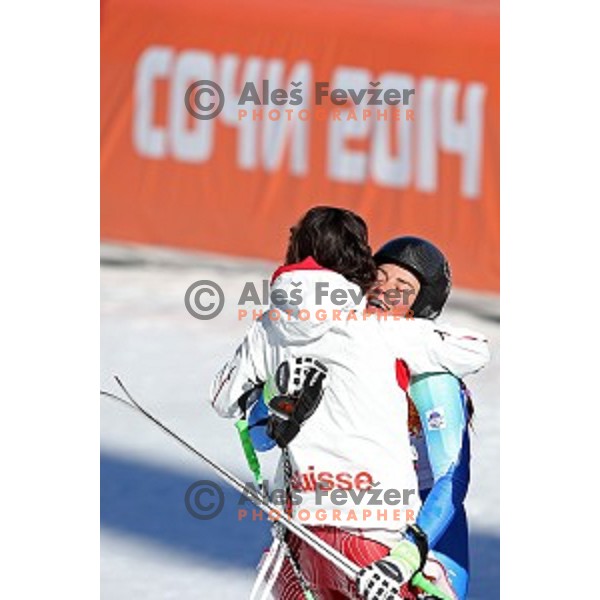 Tina Maze of Slovenia celebrates Olympic gold medal in Ladies Downhill in Rosa Khutor Alpine Center , Sochi 2014 Winter Olympic Games on February 12, 2014
