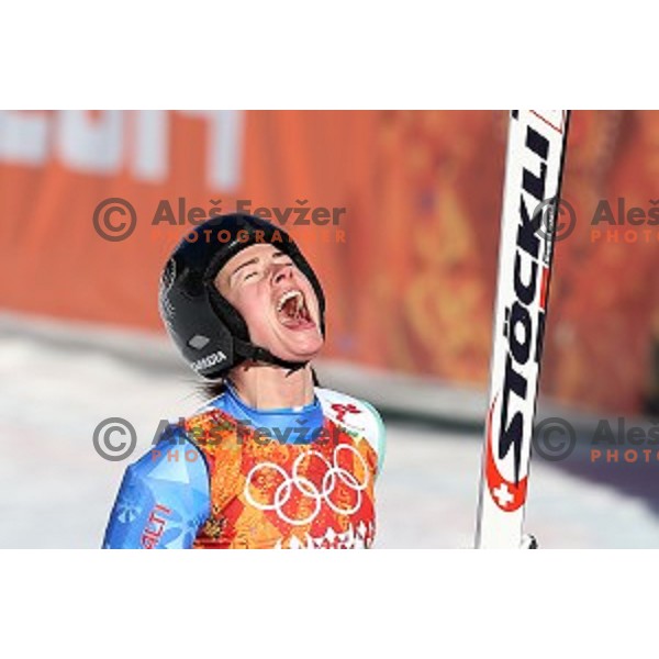 Tina Maze of Slovenia celebrates Olympic gold medal in Ladies Downhill in Rosa Khutor Alpine Center , Sochi 2014 Winter Olympic Games on February 12, 2014
