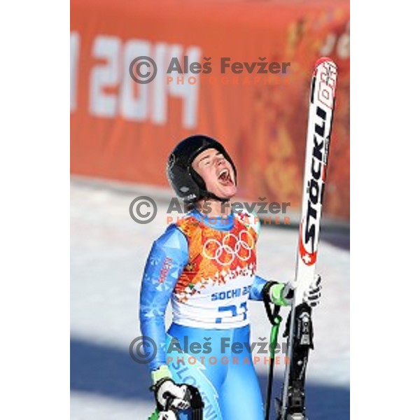 Tina Maze of Slovenia celebrates Olympic gold medal in Ladies Downhill in Rosa Khutor Alpine Center , Sochi 2014 Winter Olympic Games on February 12, 2014