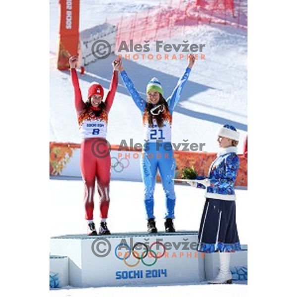 Tina Maze of Slovenia celebrates Olympic gold medal in Ladies Downhill in Rosa Khutor Alpine Center , Sochi 2014 Winter Olympic Games on February 12, 2014