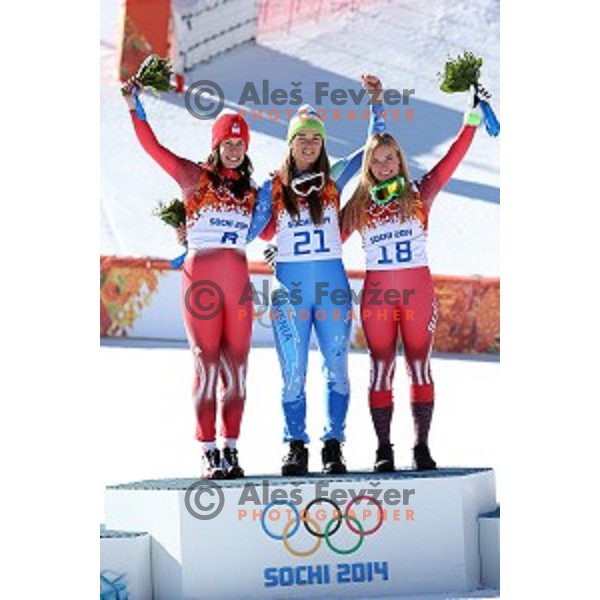 Tina Maze of Slovenia celebrates Olympic gold medal in Ladies Downhill in Rosa Khutor Alpine Center , Sochi 2014 Winter Olympic Games on February 12, 2014
