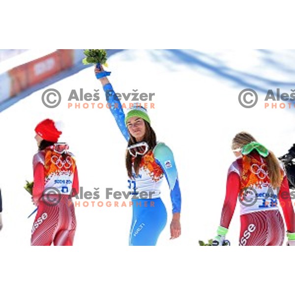 Tina Maze of Slovenia celebrates Olympic gold medal in Ladies Downhill in Rosa Khutor Alpine Center , Sochi 2014 Winter Olympic Games on February 12, 2014