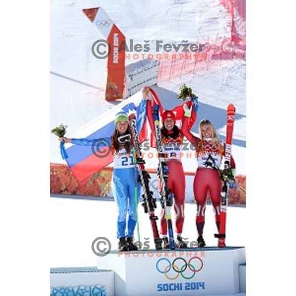 Tina Maze of Slovenia celebrates Olympic gold medal in Ladies Downhill in Rosa Khutor Alpine Center , Sochi 2014 Winter Olympic Games on February 12, 2014