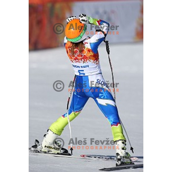 Marusa Ferk of Slovenia in the finish area of Ladies Downhill in Rosa Khutor Alpine Center , Sochi 2014 Winter Olympic Games on February 12, 2014