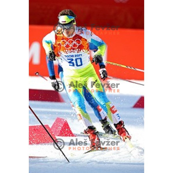 Mitja Oranic of Slovenia racing in 10 km Nordic Combined in RusSki Gorki Ski Jumping center, Sochi 2014 Winter Olympic Games on February 12, 2014