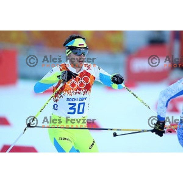 Mitja Oranic of Slovenia racing in 10 km Nordic Combined in RusSki Gorki Ski Jumping center, Sochi 2014 Winter Olympic Games on February 12, 2014