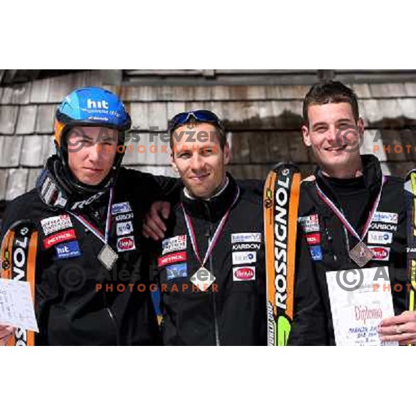 Matic Skube placed second, winner Mitja Valencic and Anze Mravlja placed third at slalom race for Slovenian National Championship at Krvavec Ski Resort.Photo by Ales Fevzer 