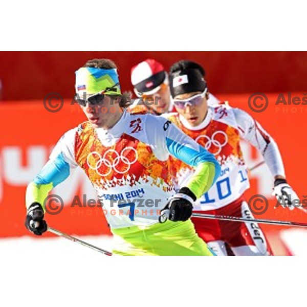 Marjan Jelenko of Slovenia racing in 10 km Nordic Combined in RusSki Gorki Ski Jumping center, Sochi 2014 Winter Olympic Games on February 12, 2014