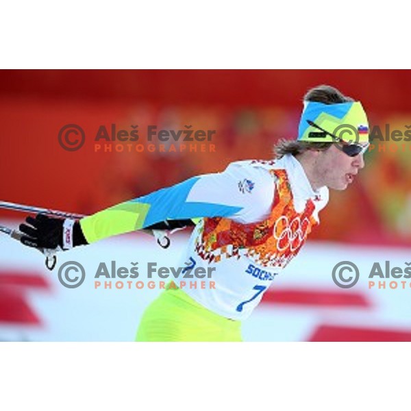 Marjan Jelenko of Slovenia racing in 10 km Nordic Combined in RusSki Gorki Ski Jumping center, Sochi 2014 Winter Olympic Games on February 12, 2014