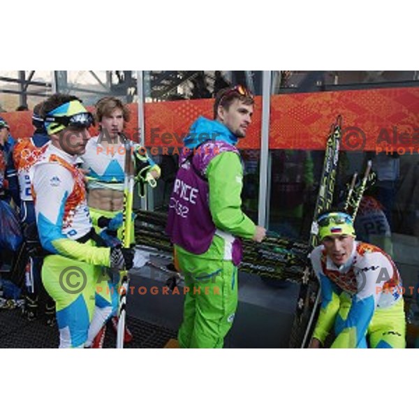 Gasper Berlot, Marjan Jelenko and Mitja Oranic of Slovenia after 10 km Nordic Combined in RusSki Gorki Ski Jumping center, Sochi 2014 Winter Olympic Games on February 12, 2014