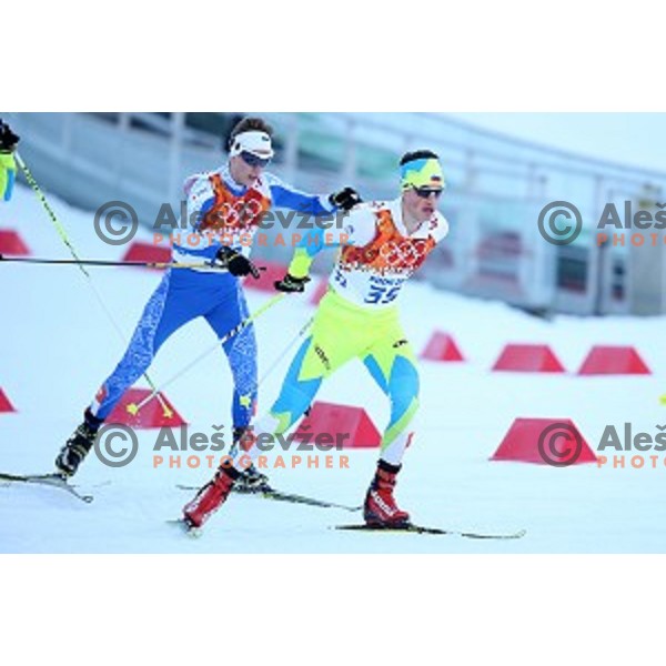 Gasper Berlot of Slovenia racing in 10 km Nordic Combined in RusSki Gorki Ski Jumping center, Sochi 2014 Winter Olympic Games on February 12, 2014
