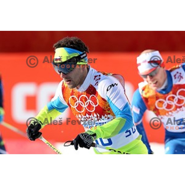 Mitja Oranic of Slovenia racing in 10 km Nordic Combined in RusSki Gorki Ski Jumping center, Sochi 2014 Winter Olympic Games on February 12, 2014