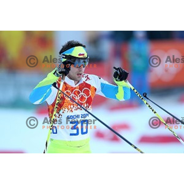 Mitja Oranic of Slovenia racing in 10 km Nordic Combined in RusSki Gorki Ski Jumping center, Sochi 2014 Winter Olympic Games on February 12, 2014