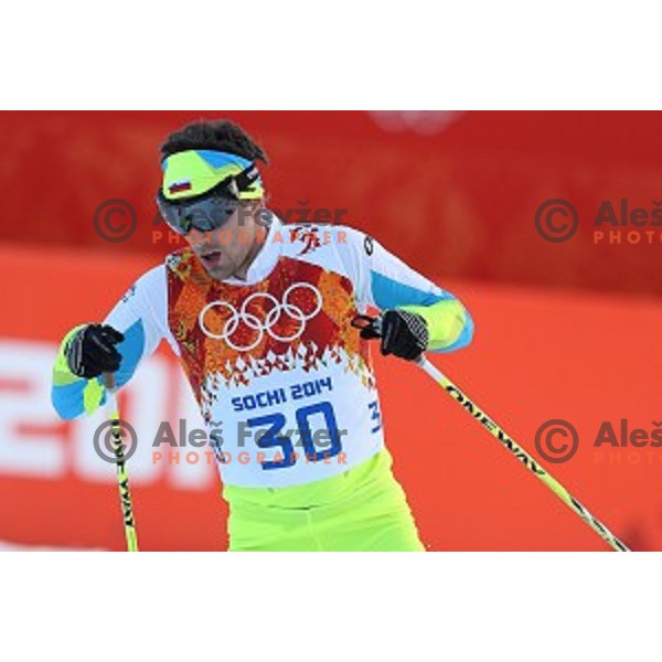 Mitja Oranic of Slovenia racing in 10 km Nordic Combined in RusSki Gorki Ski Jumping center, Sochi 2014 Winter Olympic Games on February 12, 2014