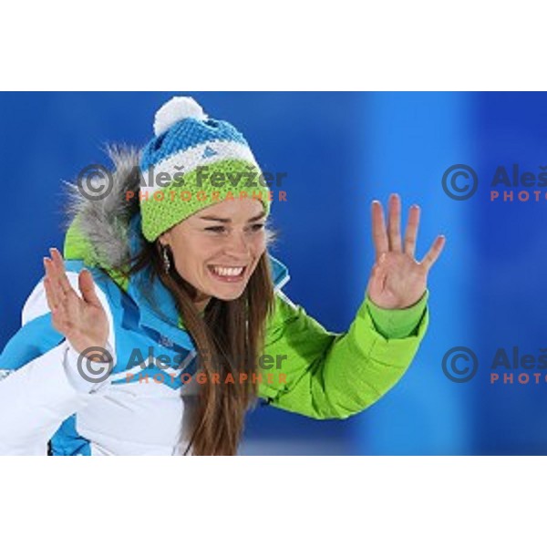 Tina Maze of Slovenia celebrates Olympic gold medal in Ladies Downhill at Medal Plaza, Sochi 2014 Winter Olympic Games on February 12, 2014