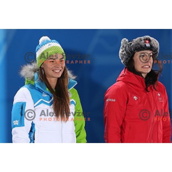 Tina Maze of Slovenia celebrates Olympic gold medal in Ladies Downhill at Medal Plaza, Sochi 2014 Winter Olympic Games on February 12, 2014