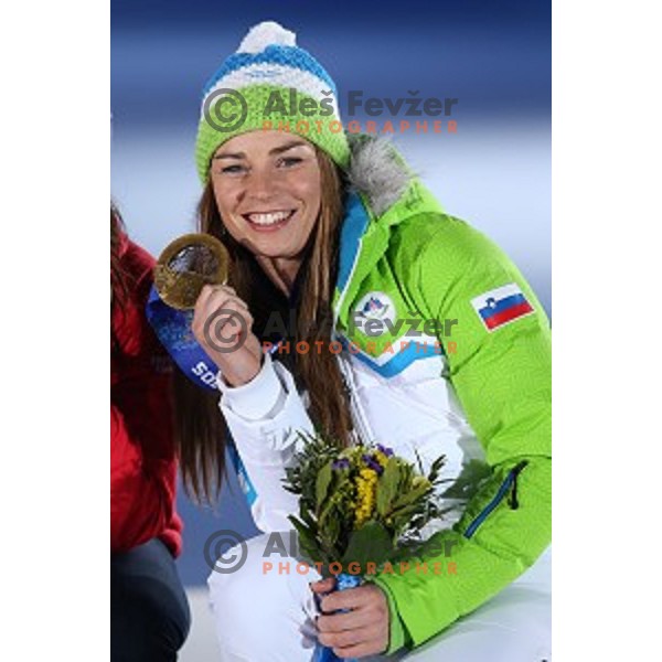 Tina Maze of Slovenia celebrates Olympic gold medal in Ladies Downhill at Medal Plaza, Sochi 2014 Winter Olympic Games on February 12, 2014