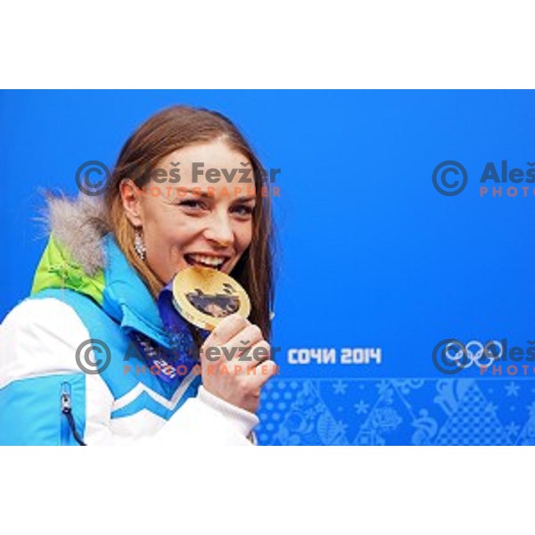 Tina Maze of Slovenia celebrates Olympic gold medal in Ladies Downhill at Medal Plaza, Sochi 2014 Winter Olympic Games on February 12, 2014