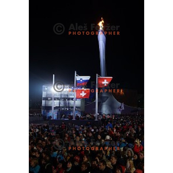 Tina Maze of Slovenia celebrates Olympic gold medal in Ladies Downhill at Medal Plaza, Sochi 2014 Winter Olympic Games on February 12, 2014