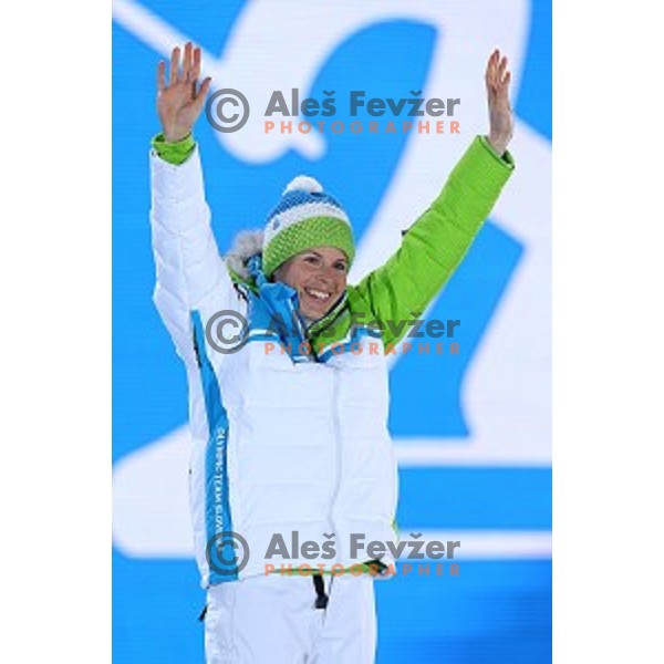 Vesna Fabjan of Slovenia ,Olympic bronze medalist of Ladies Free Sprint at Medal Plaza, Sochi 2014 Winter Olympic Games on February 12, 2014