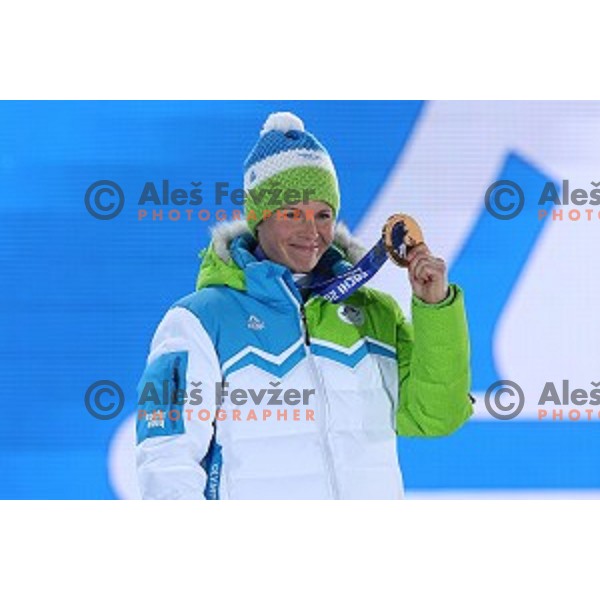 Vesna Fabjan of Slovenia ,Olympic bronze medalist of Ladies Free Sprint at Medal Plaza, Sochi 2014 Winter Olympic Games on February 12, 2014