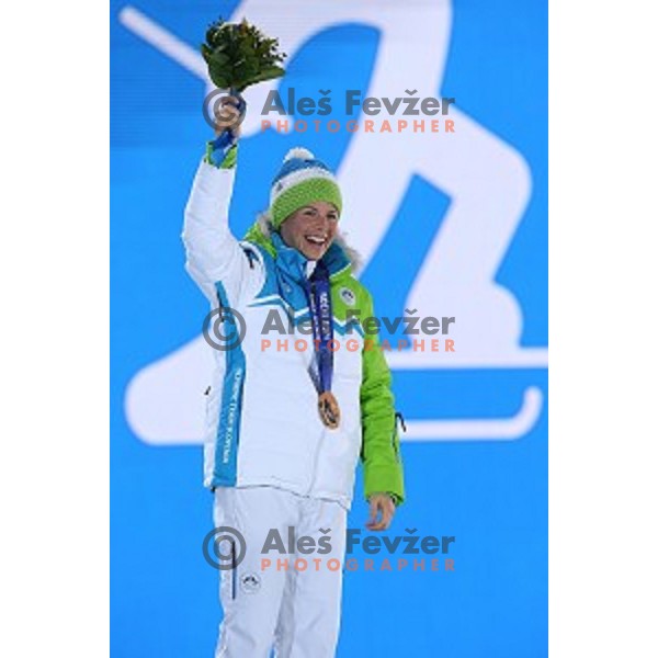 Vesna Fabjan of Slovenia ,Olympic bronze medalist of Ladies Free Sprint at Medal Plaza, Sochi 2014 Winter Olympic Games on February 12, 2014