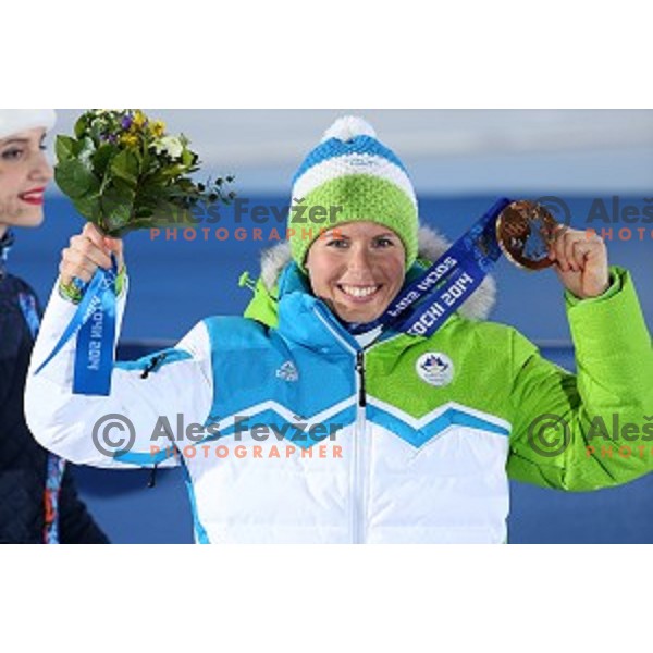 Vesna Fabjan of Slovenia ,Olympic bronze medalist of Ladies Free Sprint at Medal Plaza, Sochi 2014 Winter Olympic Games on February 12, 2014